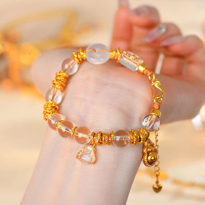 Golden Coiled White Crystal Bracelet with White Agate Peace Buckle - New Chinese Style Spiritual Jewelry