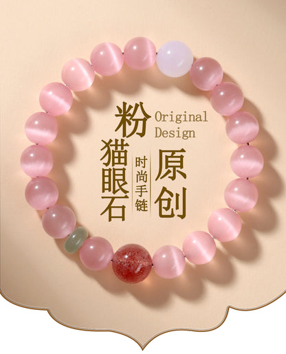 Pink Cat's Eye Strawberry Crystal Bracelet | Love Charm & Fashion Energy for Women