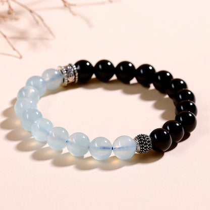 Natural Obsidian Aquamarine Crystal Bracelet - Couple Spiritual Harmony & Protection