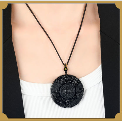 Natural Obsidian Dragon Phoenix Tai Chi Bagua Round Pendant Necklace - Harmony & Protection Amulet