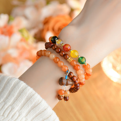 Golden Silk Jade Rosewood Three-Circle Bracelet: Five-Way God of Wealth Talisman for Prosperity