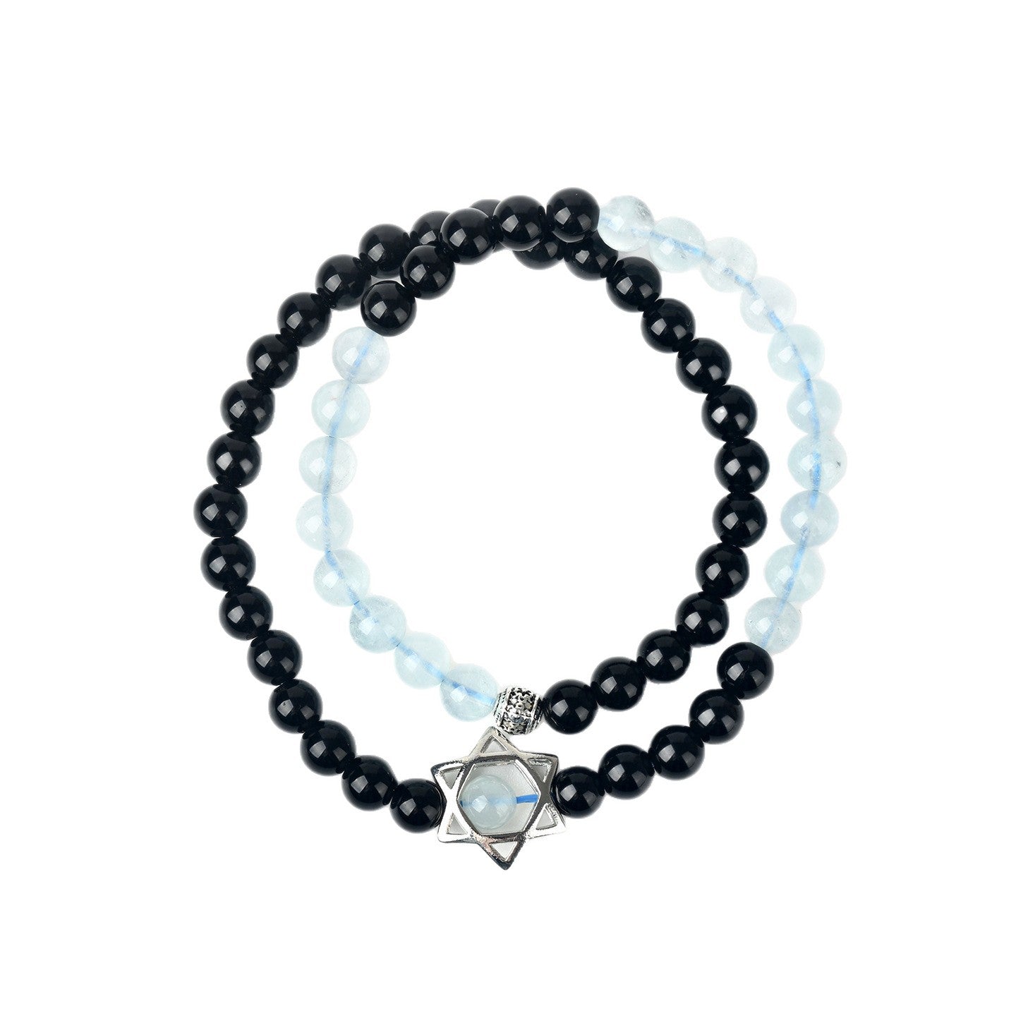 Natural Obsidian Aquamarine Double Circle Hexagram Bracelet - Spiritual Protection & Harmony