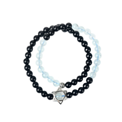 Natural Obsidian Aquamarine Double Circle Hexagram Bracelet - Spiritual Protection & Harmony