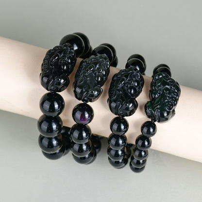 Natural Black Obsidian Pixiu Bracelet with Gold and Double Color Eye Beads - Wealth Protection Amulet for Couples