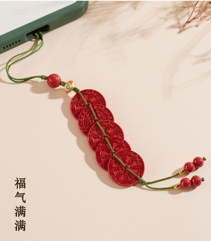 Imperial Red Cinnabar Five Emperors Coin Amulet - Protection Wealth Keychain Pendant