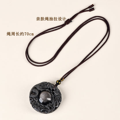 Natural Obsidian Double Dragon Guardian Pendant for Zodiac Year Protection and Good Fortune