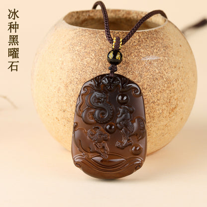 Natural Ice Obsidian Zodiac Triad Pendant Necklace｜Birth Year Protection & Harmony