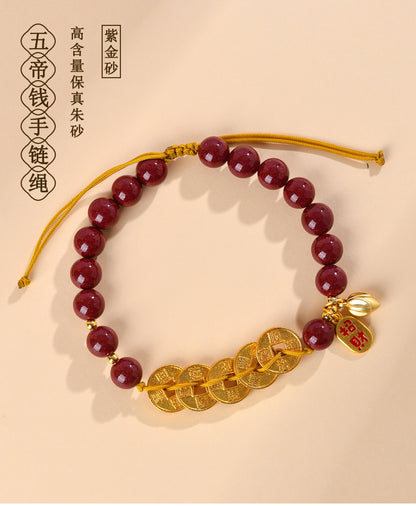 Natural Purple Gold Cinnabar Five Emperors Coin Braided Bracelet - Chinese Spiritual Protection Jewelry