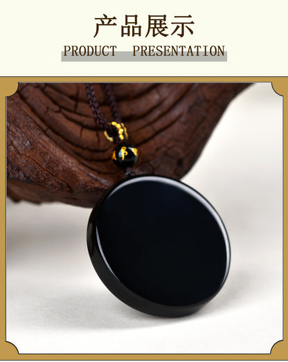 Natural Obsidian Round Pendant Necklace for Zodiac Year Protection and Peace