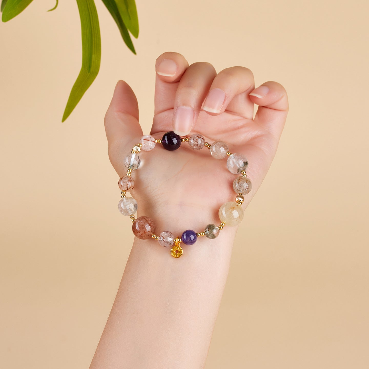 Natural Crystal Multi-Gem Bracelet with Amethyst and Golden Rutilated Quartz | Spiritual Protection & Wealth Energy