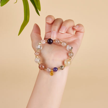 Natural Crystal Multi-Gem Bracelet with Amethyst and Golden Rutilated Quartz | Spiritual Protection & Wealth Energy