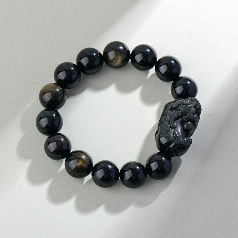 Natural Black Obsidian Pixiu Bracelet with Gold and Double Color Eye Beads - Wealth Protection Amulet for Couples