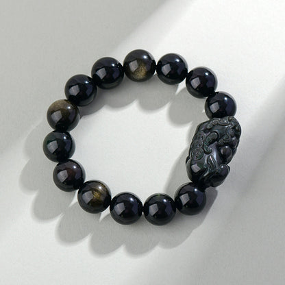 Natural Black Obsidian Pixiu Bracelet with Gold and Double Color Eye Beads - Wealth Protection Amulet for Couples