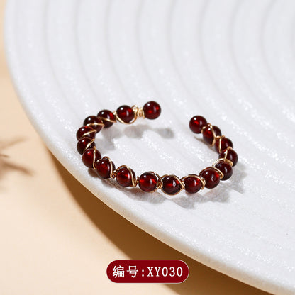 Handmade Crystal Agate Ring with Yellow Rutilated Quartz and Moonstone - Open Wire Wrapped Design for Wealth and Protection