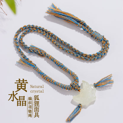 Natural Yellow Crystal Fox Mask Pendant Tibetan Necklace - Wisdom & Prosperity Amulet