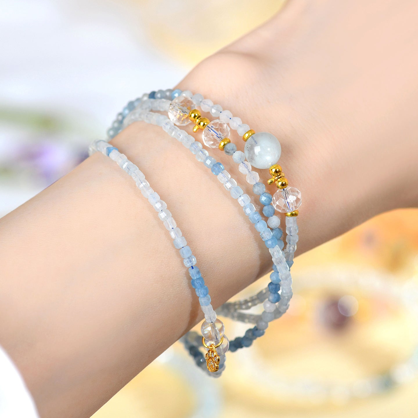 Natural Aquamarine Multi-Layer Adjustable Bracelet | Serene Energy & Elegant Protection