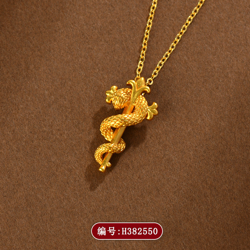Golden Snake Scepter Pendant Necklace - Chinese Zodiac Snake Year Blessing Chain