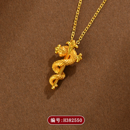 Golden Snake Scepter Pendant Necklace - Chinese Zodiac Snake Year Blessing Chain