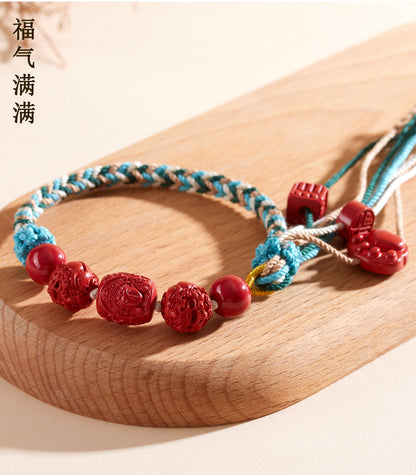 Natural Imperial Red Cinnabar Guanyin Barrel Beads Tibetan Style Bracelet with Pixiu Cat Paw Charm