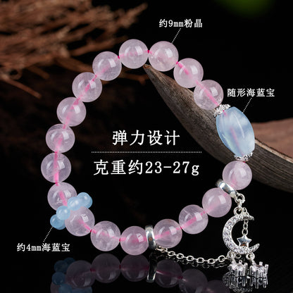 Natural Pink Quartz Aquamarine Starry Moon Love Bracelet | Irregular Crystal Design for Women