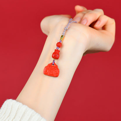 Natural Cinnabar Auspicious Lock Pendant - Lucky Charm Keychain for Wealth and Protection