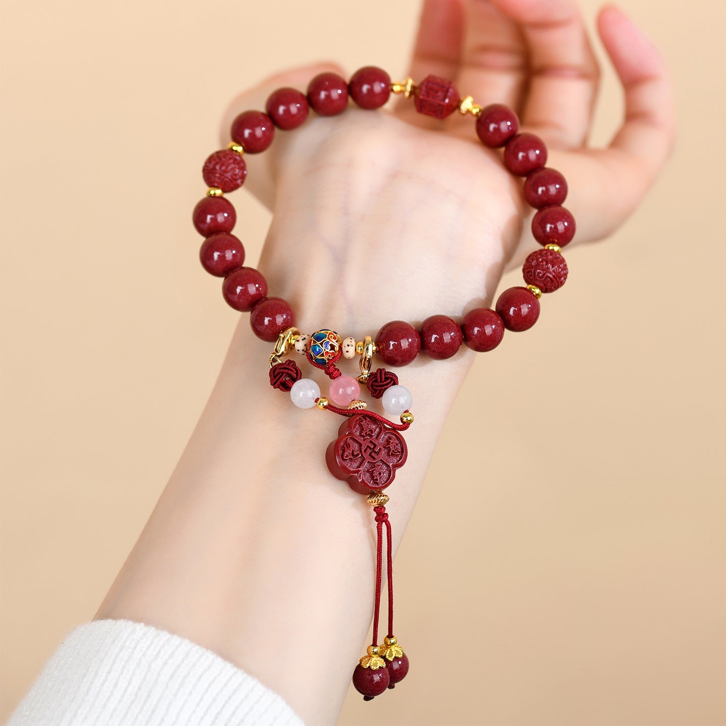 Natural Purple Gold Cinnabar Everything Goes Well Handheld Bracelet | Chinese Cultural Retro Style