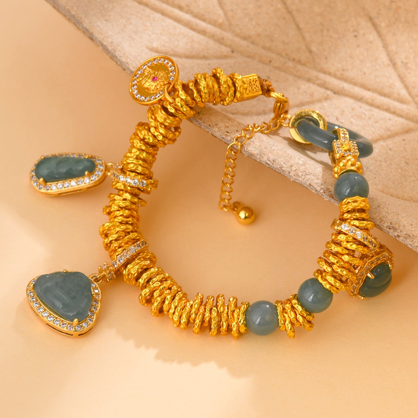 Golden Coiled Natural Jade Multi-Gem Bracelet | Wealth & Protection Talisman