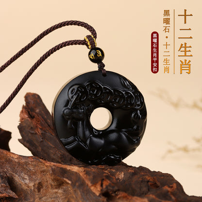 Natural Obsidian Zodiac Peace Buckle Pendant | Spiritual Protection & Fortune Necklace