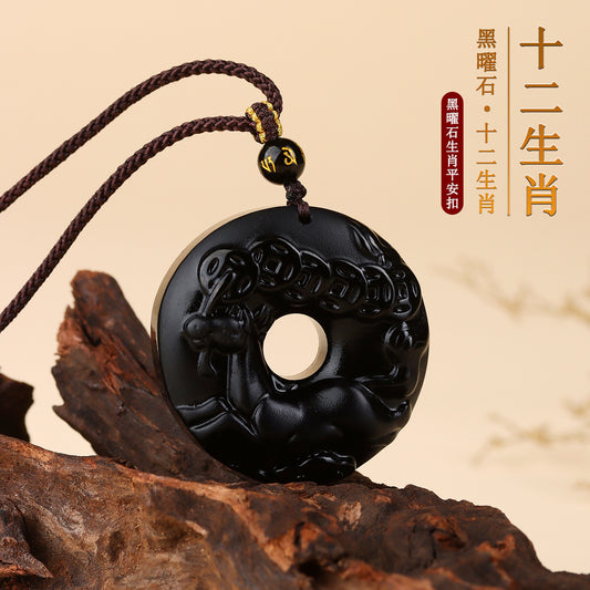 Natural Obsidian Zodiac Peace Buckle Pendant | Spiritual Protection & Fortune Necklace