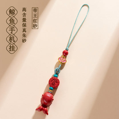 Imperial Red Cinnabar Whale Phone Chain Pendant - Protective Charm for Good Fortune