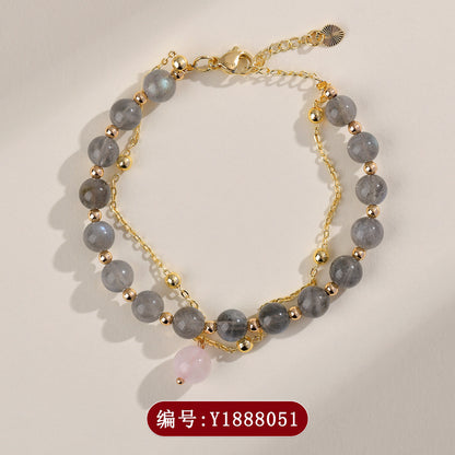 Natural Gray Moonstone & Labradorite Double-Layer Bracelet - Women's Elegant Crystal Jewelry