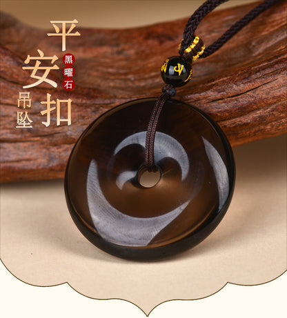 Natural Obsidian White Agate Peace Buckle Pendant - Chinese Style Zodiac Harmony Necklace