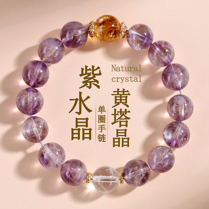 Natural Amethyst Love Bracelet with Yellow Tower and White Crystals | Romantic Spiritual Jewelry for Women