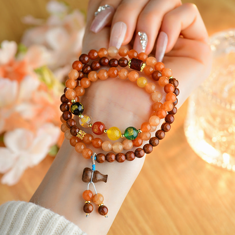 Golden Silk Jade Rosewood Three-Circle Bracelet: Five-Way God of Wealth Talisman for Prosperity