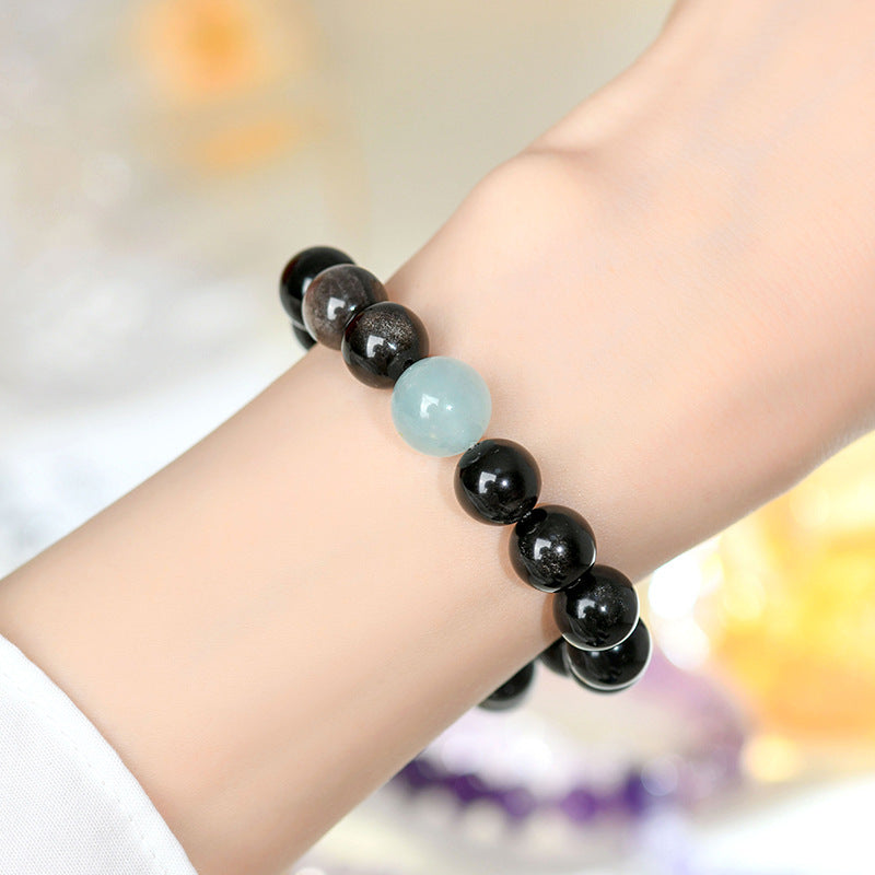 Natural Crystal Silver Obsidian Aquamarine Tiger Eye Bracelet - Women's Mystical Protection & Luck Charm