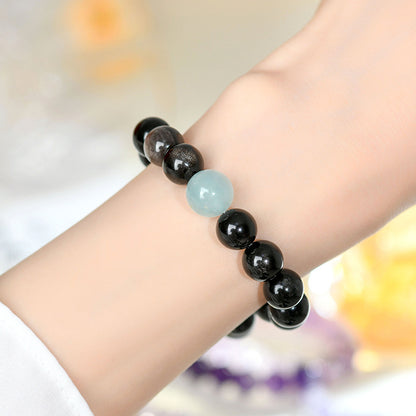 Natural Crystal Silver Obsidian Aquamarine Tiger Eye Bracelet - Women's Mystical Protection & Luck Charm