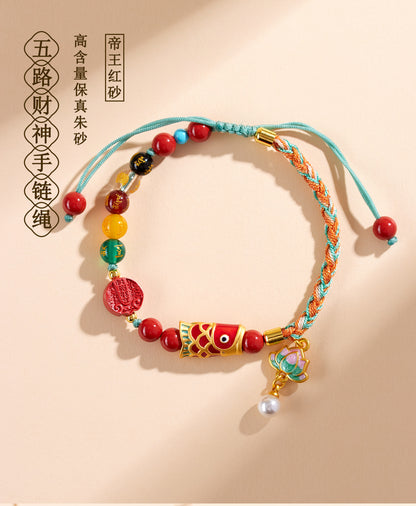 Imperial Red Cinnabar Five-Way God of Wealth Bracelet - Handmade Wealth Amulet