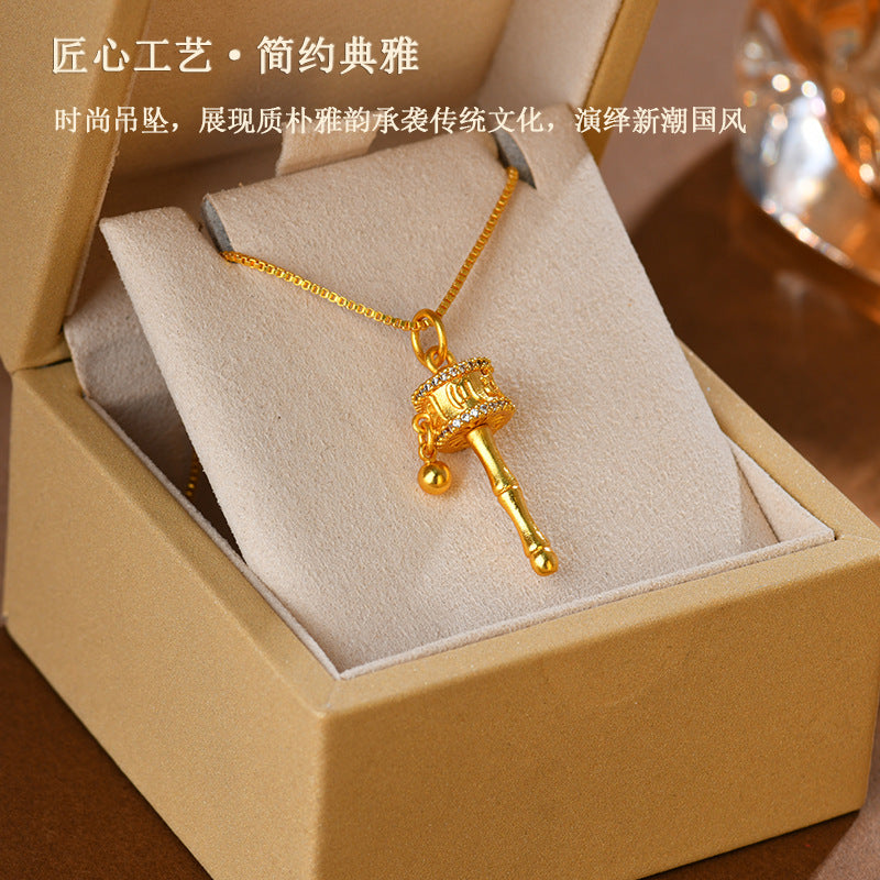 Golden Tibetan Prayer Wheel Rotatable Pendant Necklace for Spiritual Blessings