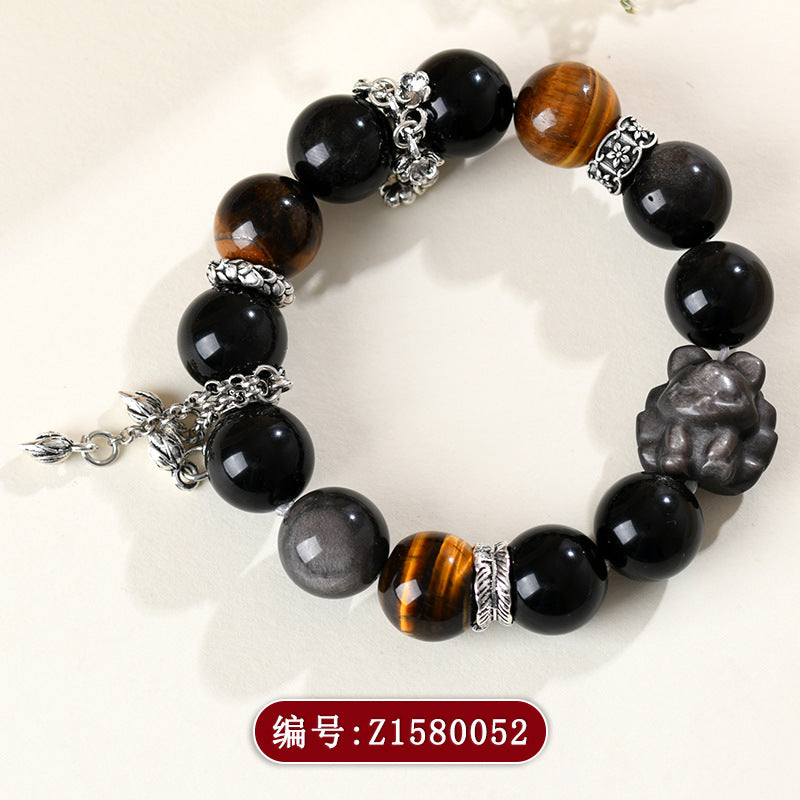 Natural Yellow Tiger Eye Silver Obsidian Nine-Tailed Fox Bracelet | Wisdom Charm Protection Couple Amulet