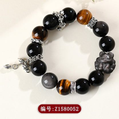 Natural Yellow Tiger Eye Silver Obsidian Nine-Tailed Fox Bracelet | Wisdom Charm Protection Couple Amulet