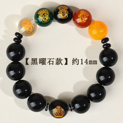Natural Obsidian Red Agate Five Directions Wealth God Zodiac Buddha Bracelet for Prosperity