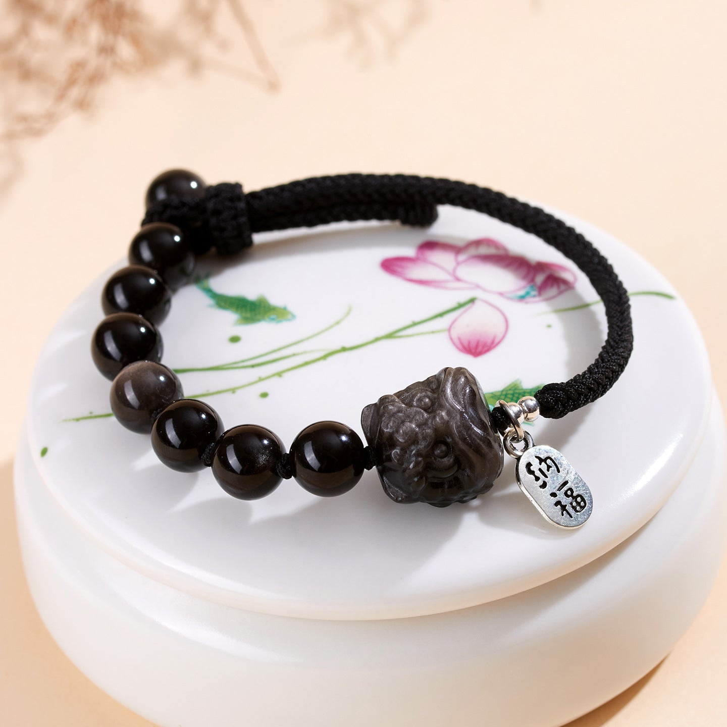 Silver Obsidian Lion Awakening Handwoven Bracelet - Courage Protection Amulet