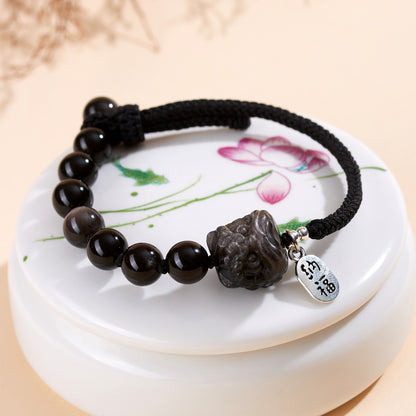 Silver Obsidian Lion Awakening Handwoven Bracelet - Courage Protection Amulet