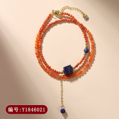 Natural Southern Red Agate & Lapis Lazuli Sugar Cube Double Circle Bracelet with Extension Chain