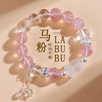 Natural Pink White Crystal LABUBU Bracelet - Peach Aura Love Energy Women's Fashion Jewelry