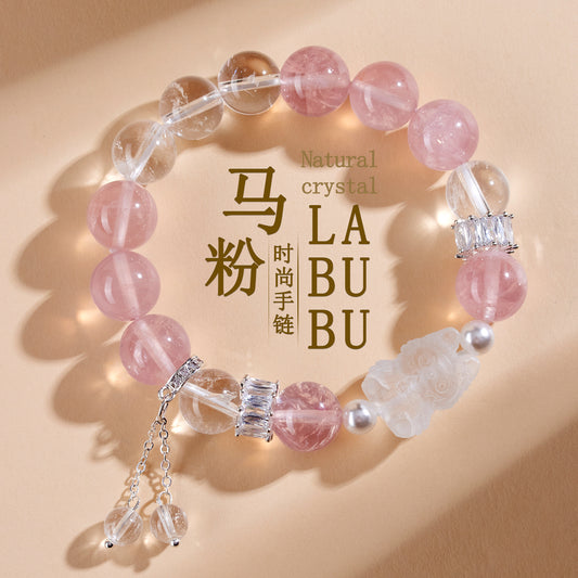 Natural Pink White Crystal LABUBU Bracelet - Peach Aura Love Energy Women's Fashion Jewelry