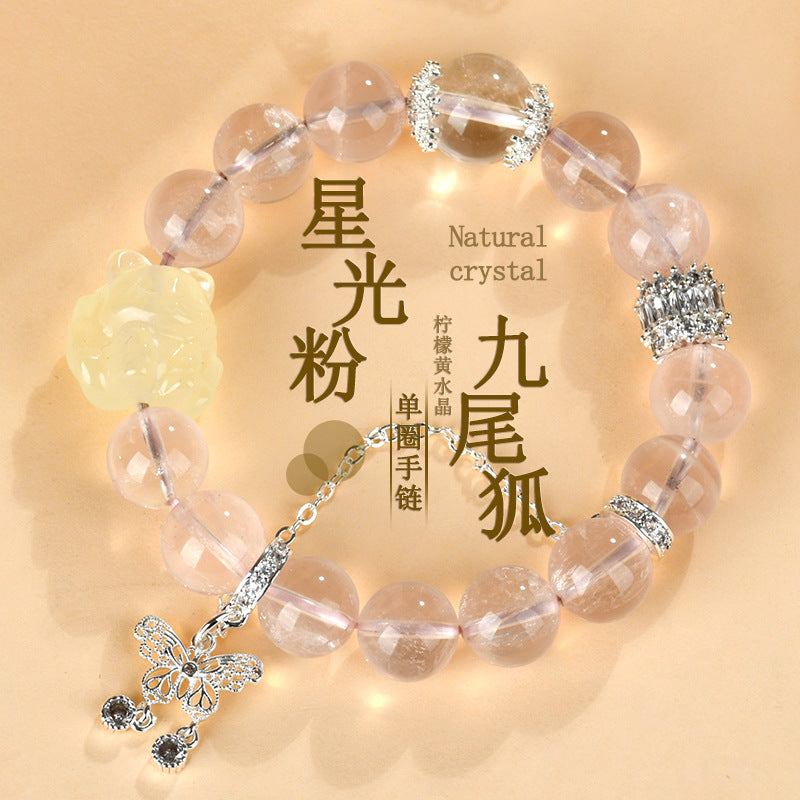 Starlight Pink Crystal Nine-Tailed Fox Butterfly Love Bracelet for Women