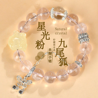 Starlight Pink Crystal Nine-Tailed Fox Butterfly Love Bracelet for Women