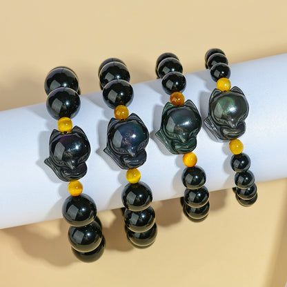 Mystical Double Eye Obsidian Fox Bracelet - Natural Crystal Protection Charm for Couples