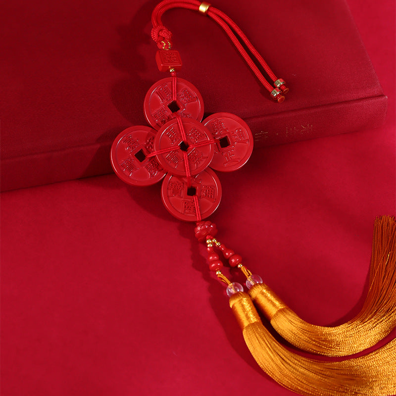 Natural Imperial Red Sand Five Emperors Coin Car Hanging Ornament - Wealth & Protection Amulet